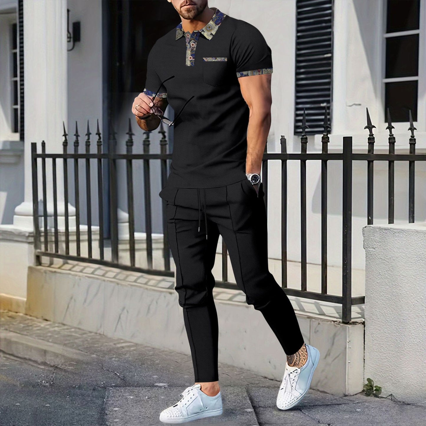Men's Waffle Lapel Color Matching Pocket Short Sleeve Trousers Suit