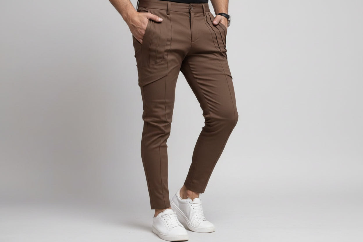 mens slim fit dress pants in coffee brown,formal tapered trousers for business casual wear.